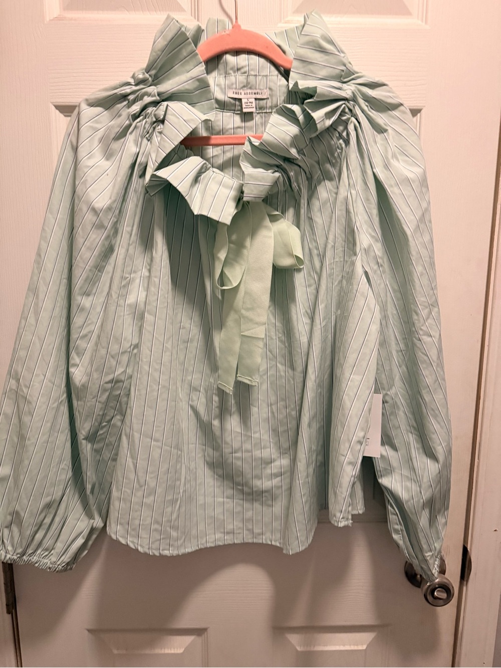 Ruffled Bow-Neck Pinstripe Blouse in Mint Green